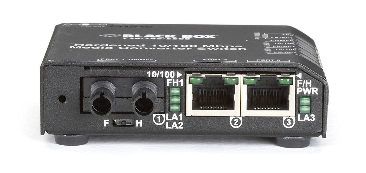 Black Box Hardened Media Converter Switch 12-VDC - RJ-45 to ST Multi-Mode Fiber Media Converter - 100 Mbps F9450