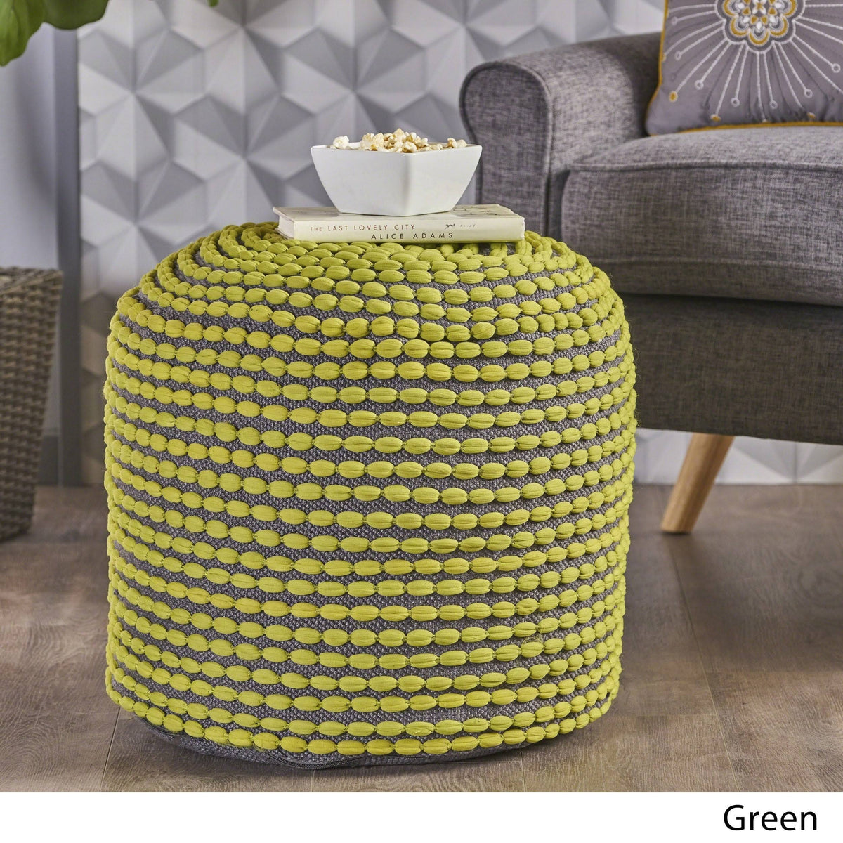 Green Handcrafted Fabric Ottoman Pouf B10261