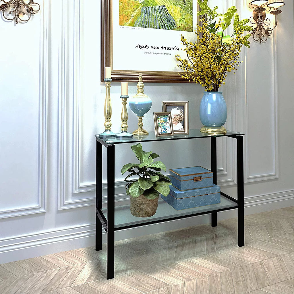 39.37" Black Console Table with 2 Shelves Tempered Glass Metal Frame Q95493