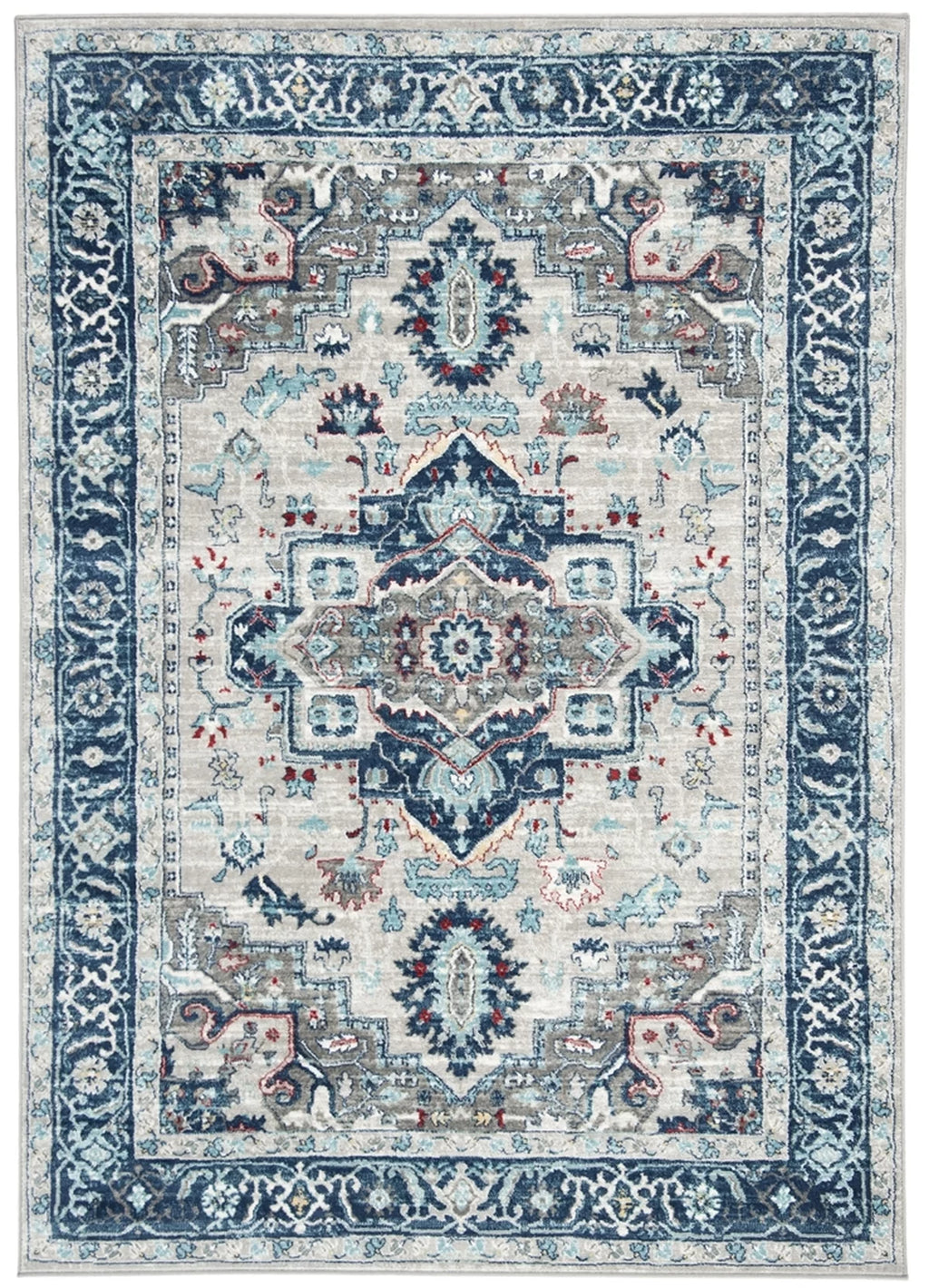 Light Grey Blue Floral Bordered Area Rug G4917