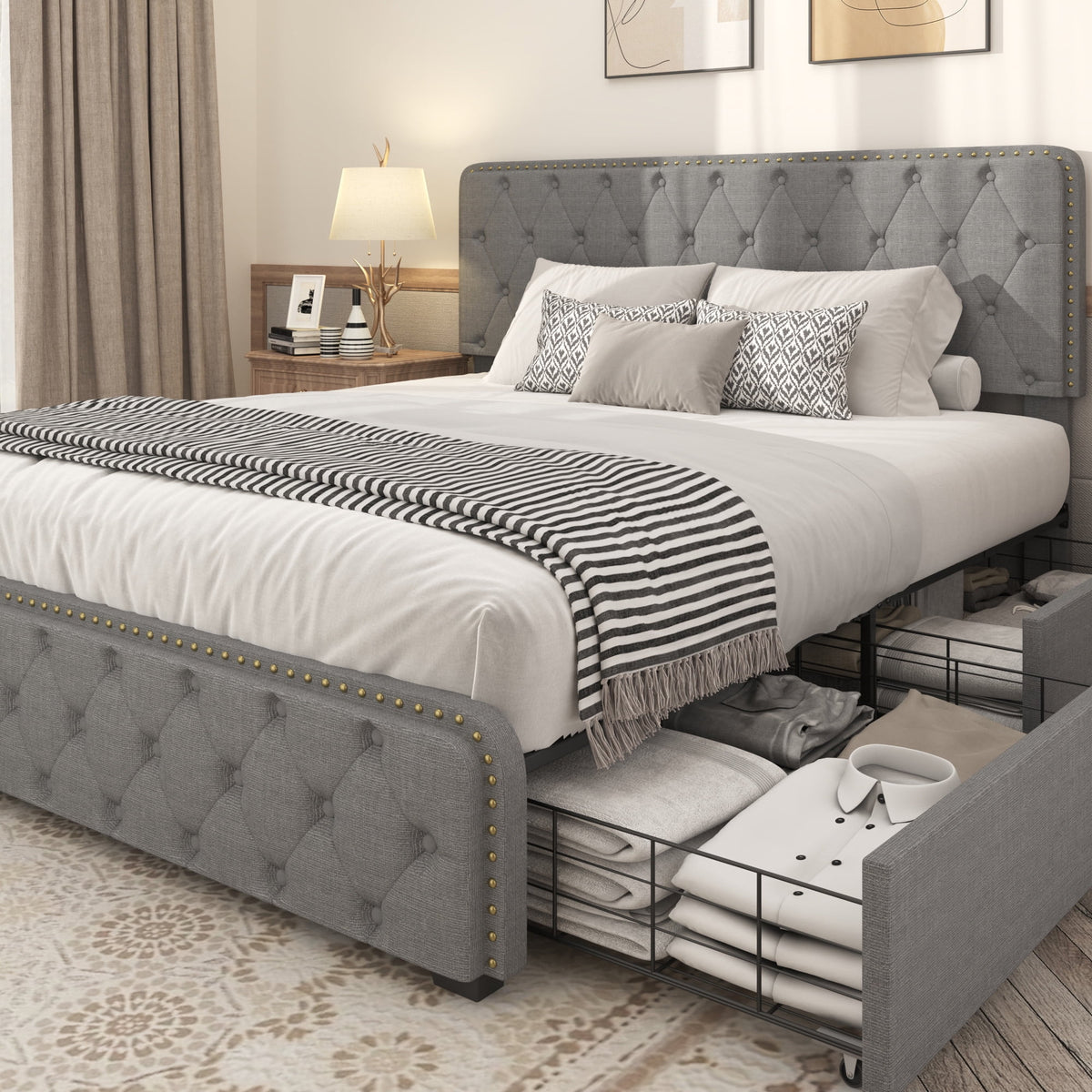 Queen Size Platform Bed Frame with 4 Storage Drawers X55127