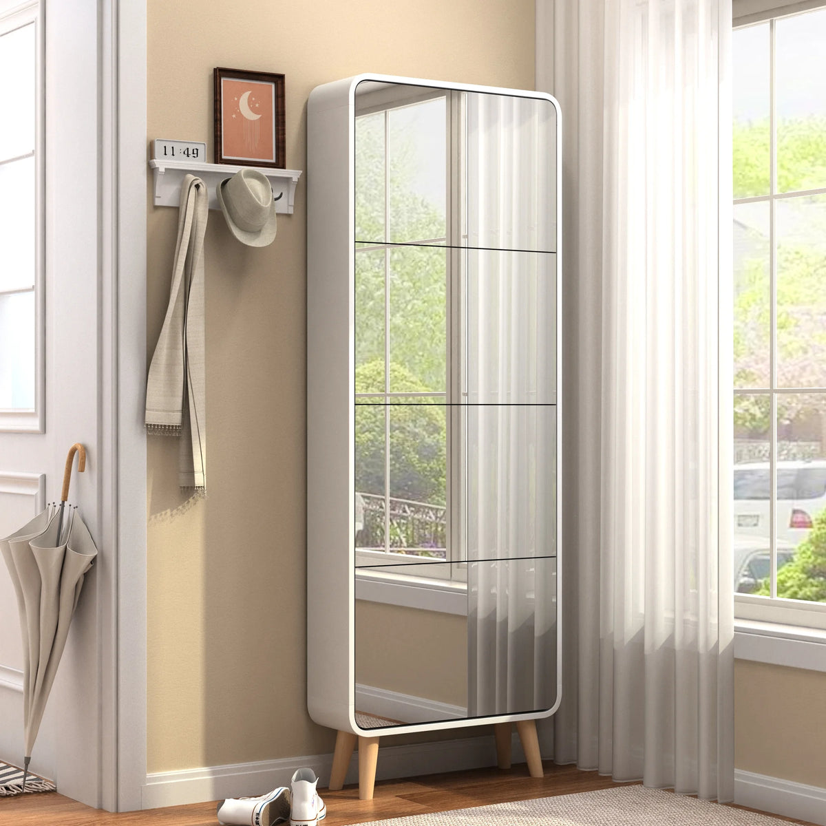 White 4 Flip Drawers Wood Shoe Cabinet with Mirror E31236