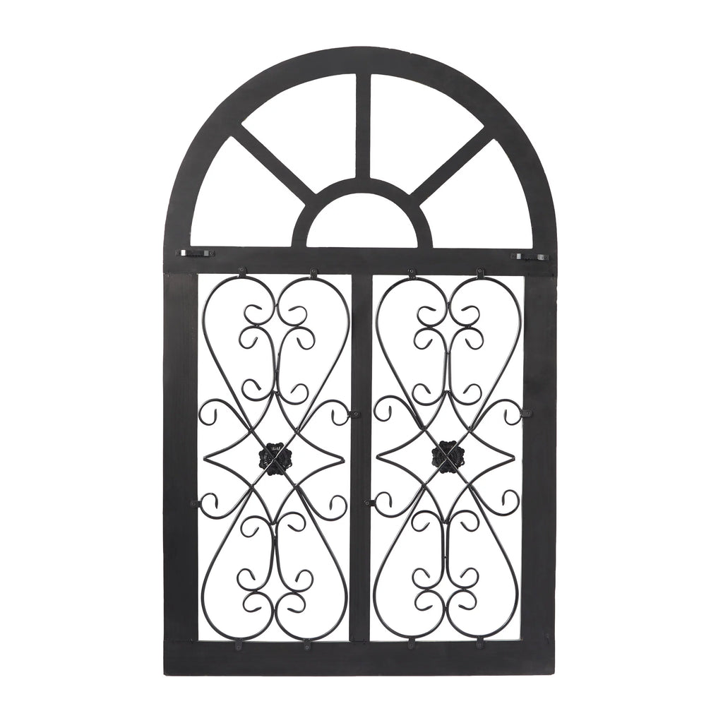 White Wood Arched Window Wall Decor with Metal Scrollwork I7228