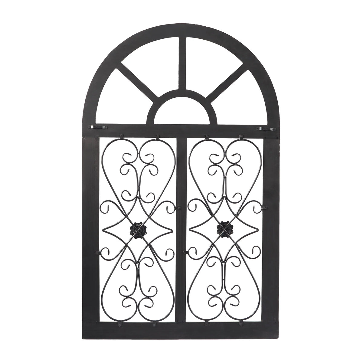 White Wood Arched Window Wall Decor with Metal Scrollwork I7228