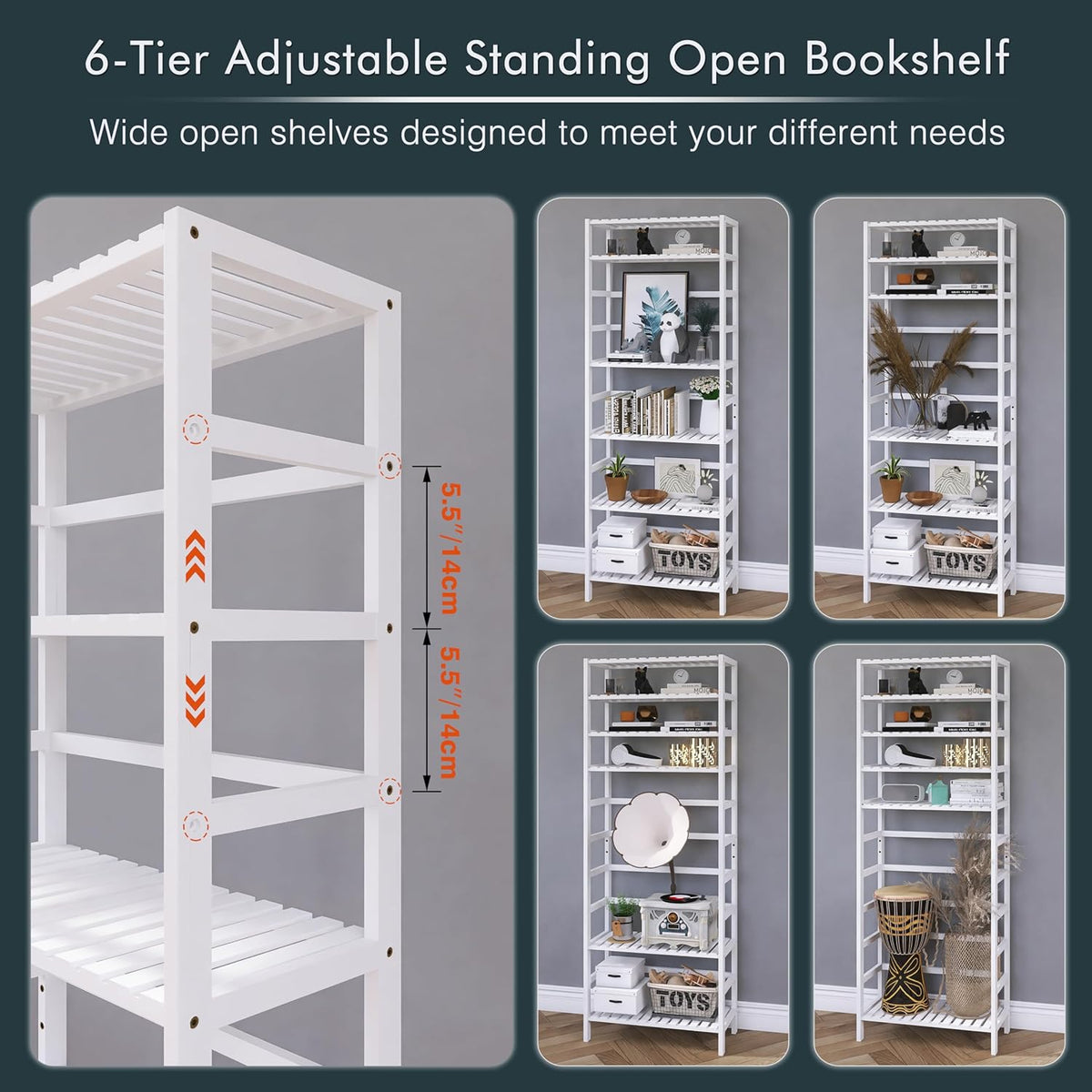 White Freestanding Bamboo Floor Cabinet with Adjustable Shelves and 4 Hooks L943024