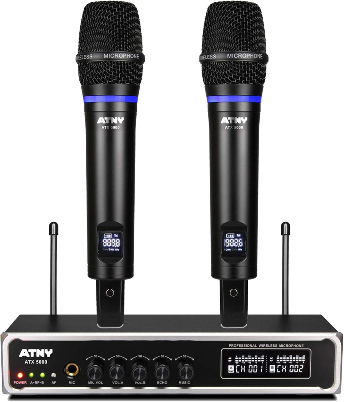 UHF Dual Channel Handheld Wireless Microphone System with 2 Rechargeable Metal Mics and LED Display O894