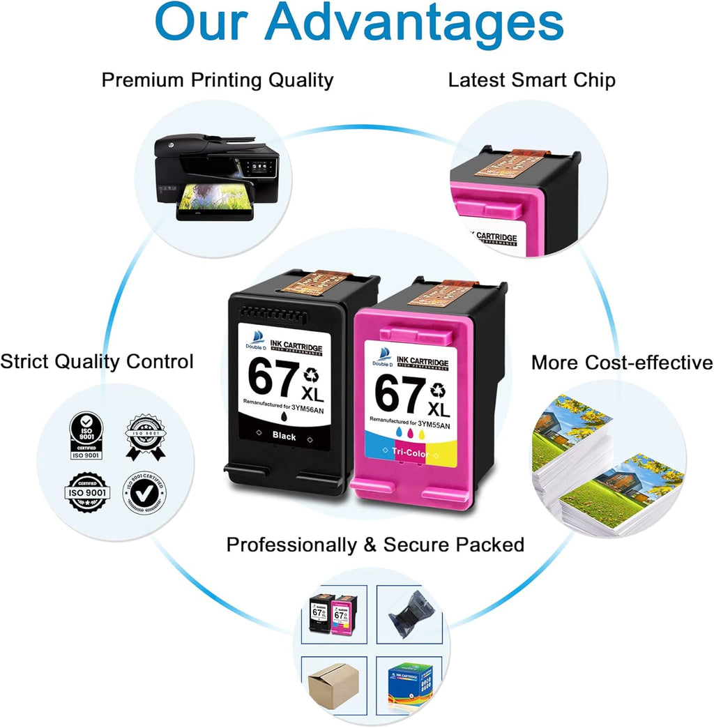 Remanufactured Ink Cartridge Pack of 2 (1 Black 1 Tri-Color) for HP 67 67XL Printer R888608