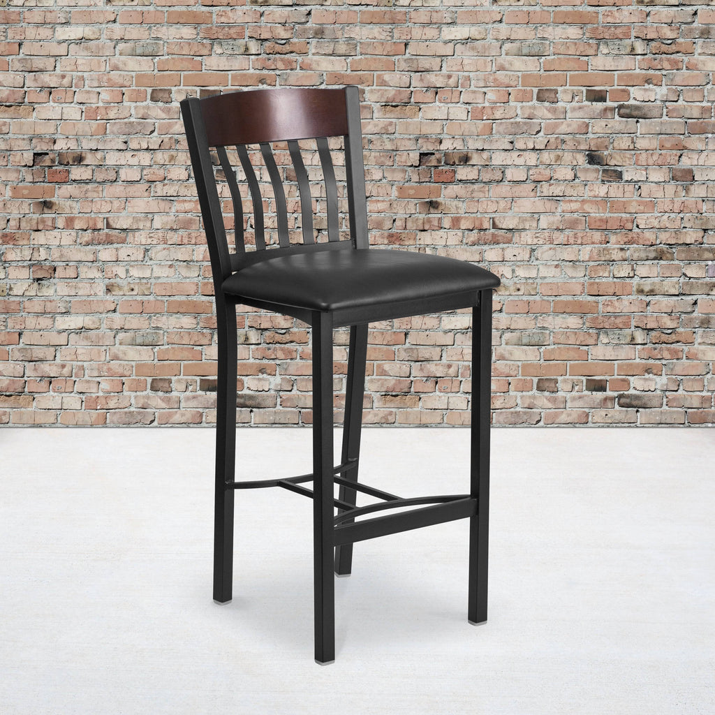 Black Metal and Walnut Wood Restaurant Barstool with Black Vinyl Seat G82600