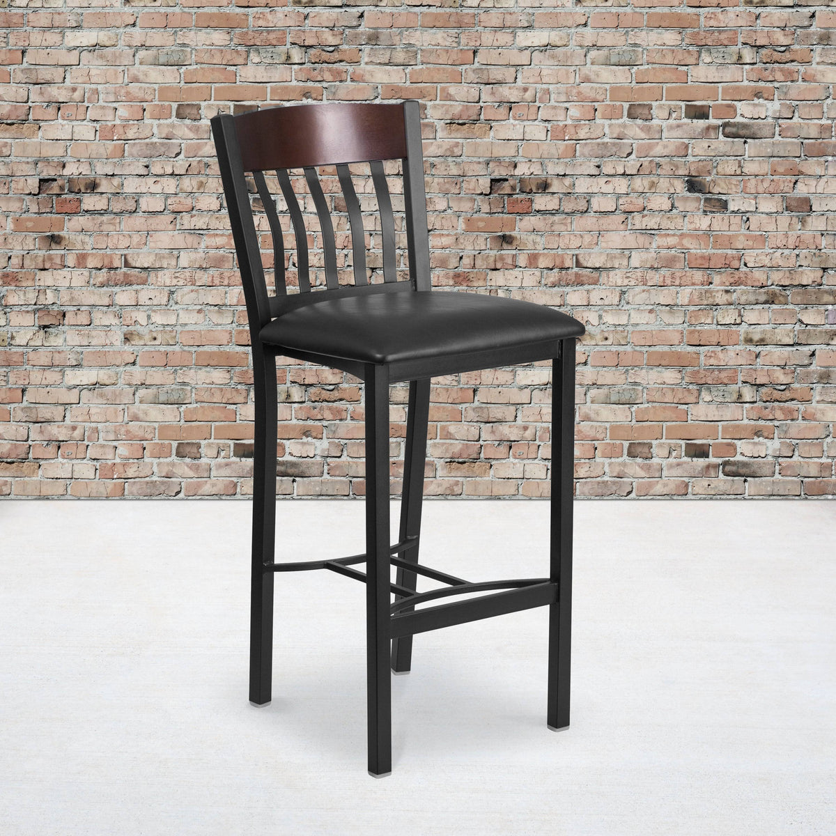 Black Metal and Walnut Wood Restaurant Barstool with Black Vinyl Seat G82600
