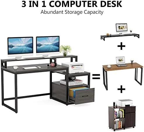 60 inch Grey Computer Desk with File Drawer and Shelves A621