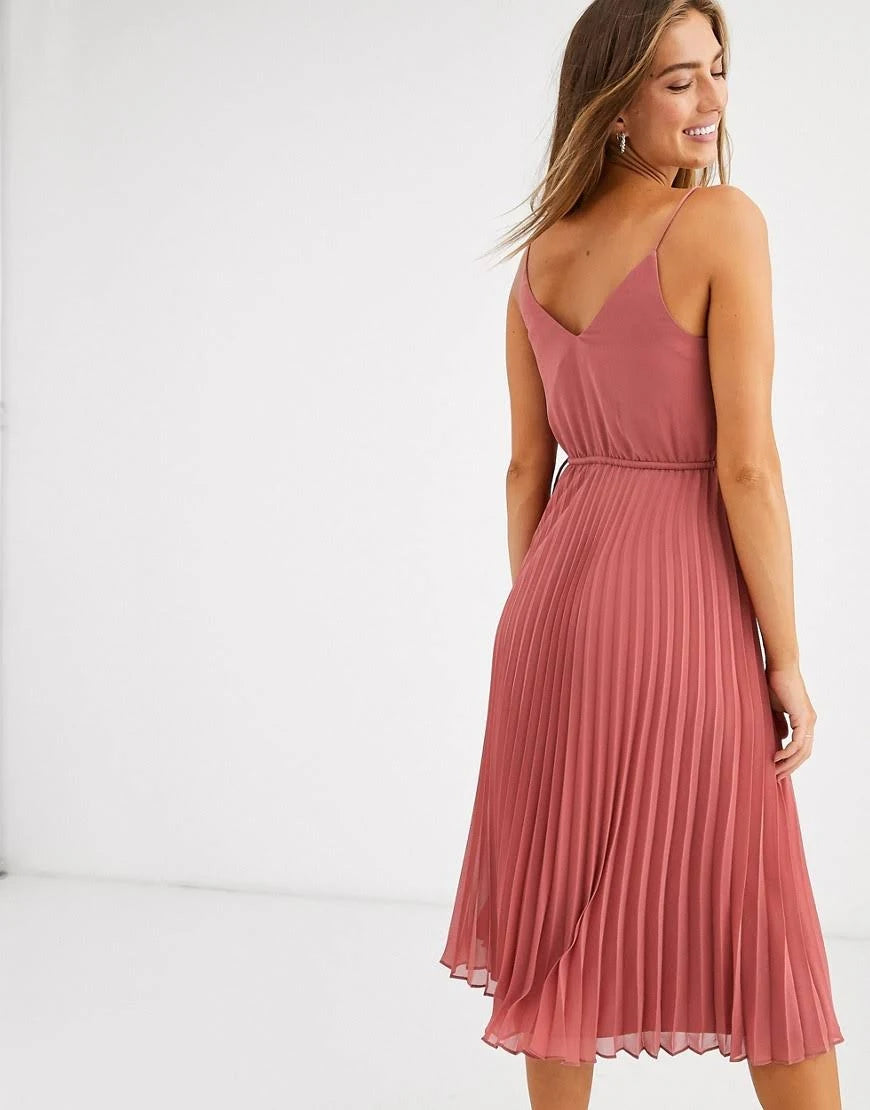Dark Pink Pleated Cami Midi Dress with Drawstring Waist X375
