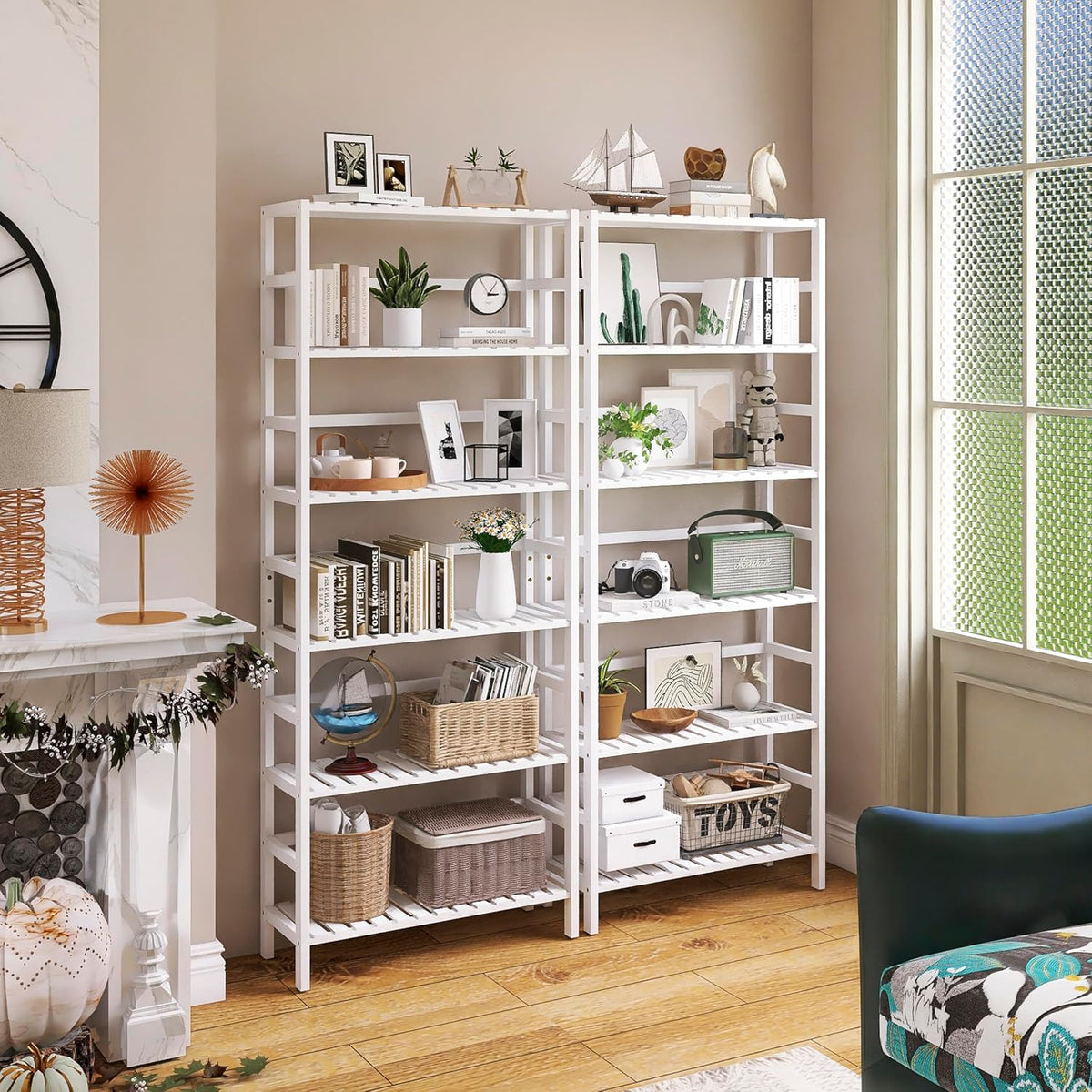 White Freestanding Bamboo Floor Cabinet with Adjustable Shelves and 4 Hooks L943024