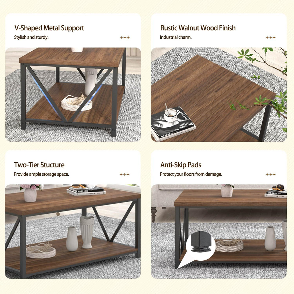 Rustic Walnut Coffee Table with Storage Shelf C9981