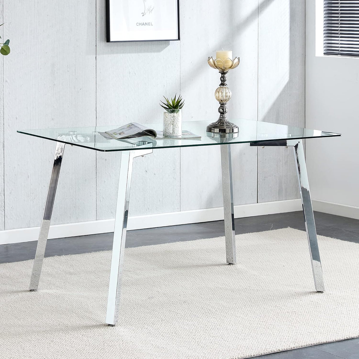 Rectangular Glass Dining Table with Tempered Glass Top and Silver Metal Legs M571408
