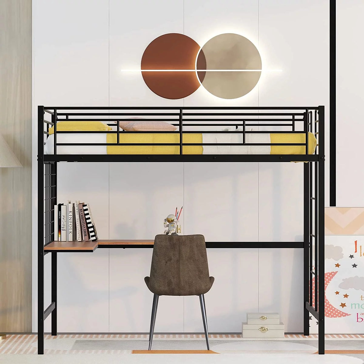 Metal Loft Bed with L-Shape Desk and Guardrails G136593