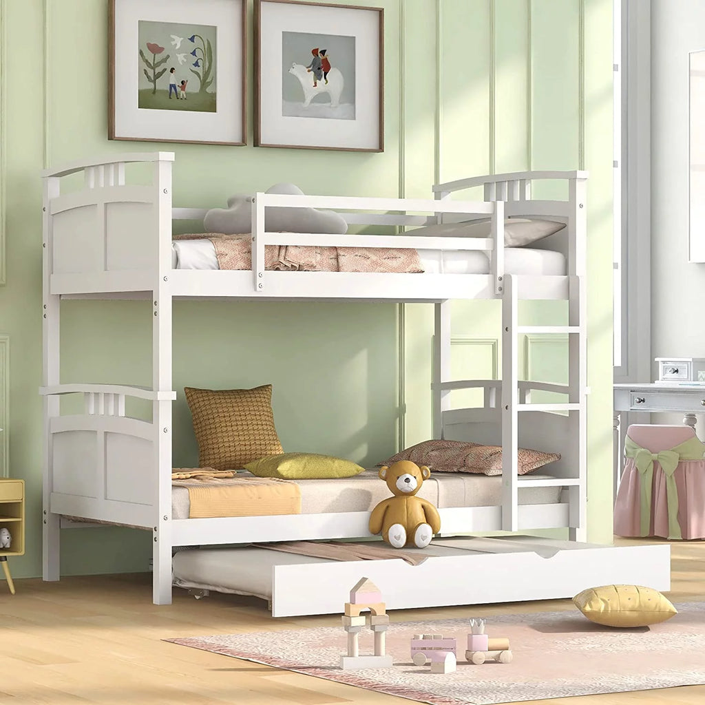 White Wooden Bunk Bed with Trundle C82287