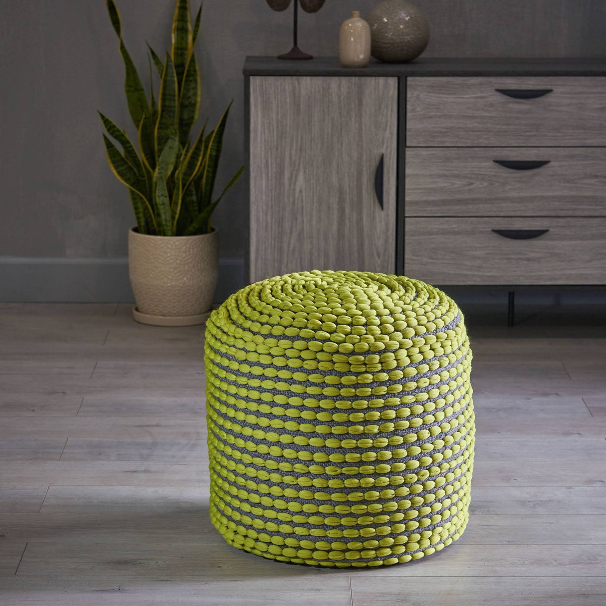 Green Handcrafted Fabric Ottoman Pouf B10261