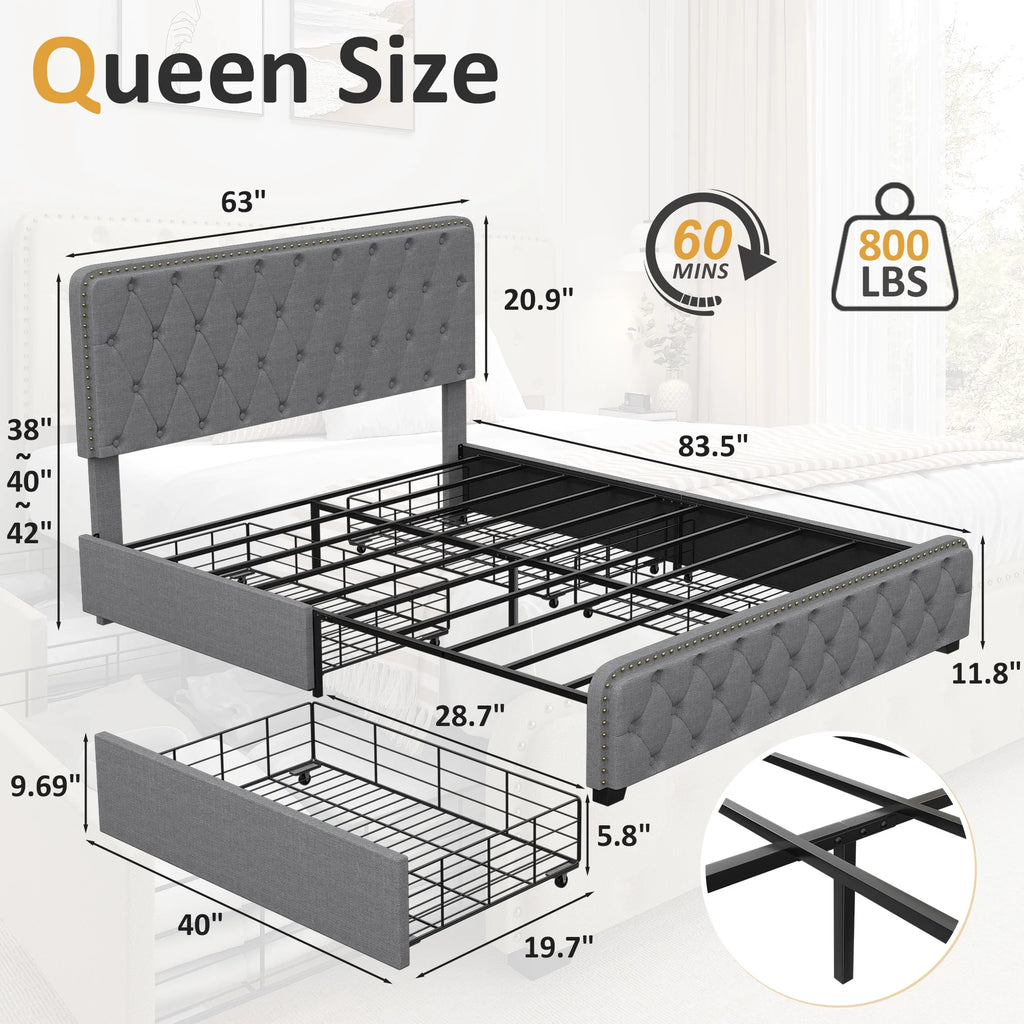 Queen Size Platform Bed Frame with 4 Storage Drawers X55127