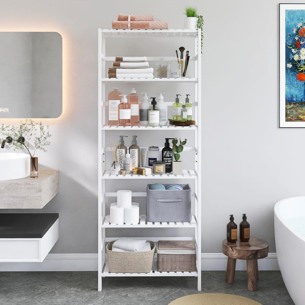 White Freestanding Bamboo Floor Cabinet with Adjustable Shelves and 4 Hooks L943024