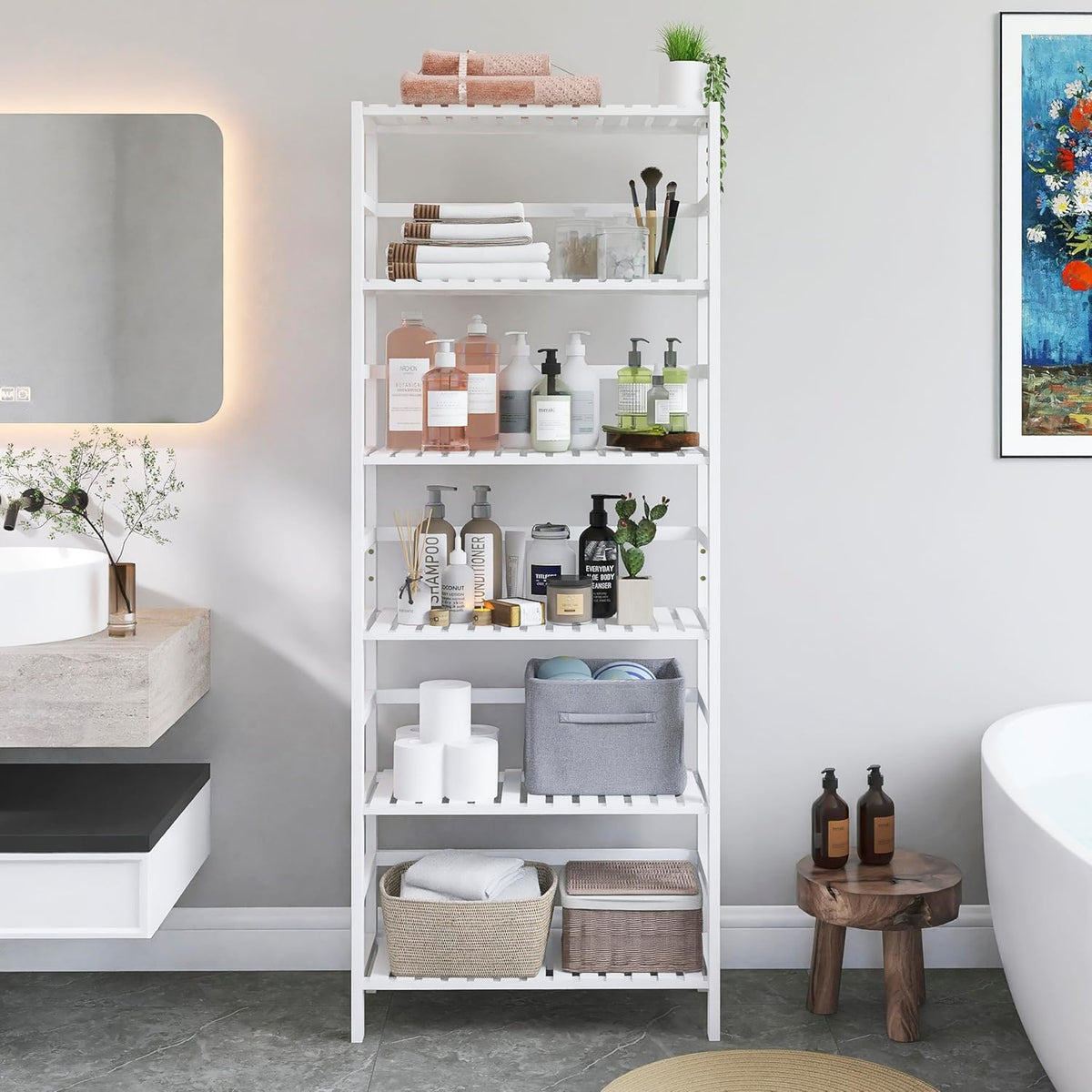White Freestanding Bamboo Floor Cabinet with Adjustable Shelves and 4 Hooks L943024