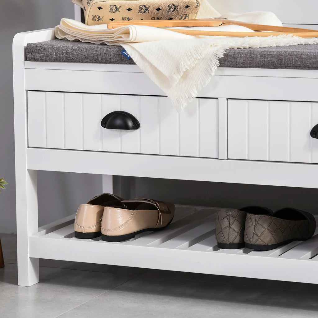 White Coat Rack and Bench with 4 Hooks, 2 Drawers I581