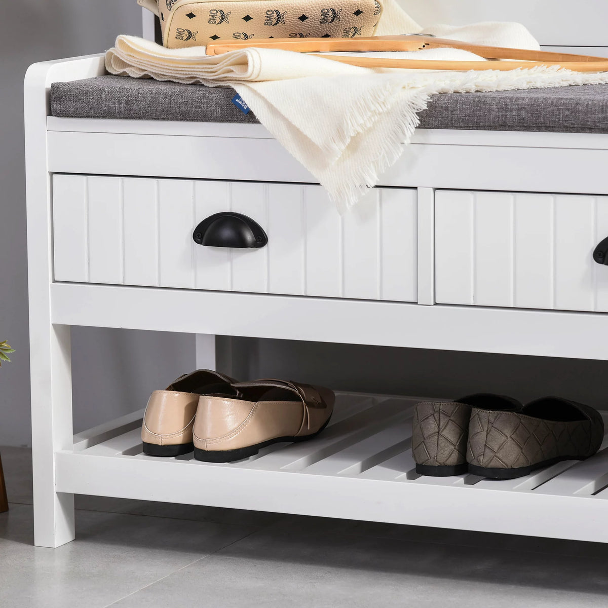 White Coat Rack and Bench with 4 Hooks, 2 Drawers I581