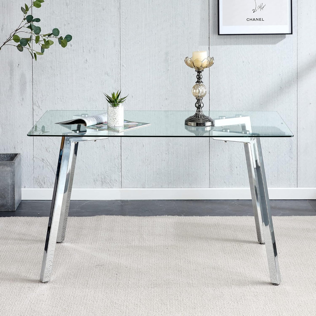 Rectangular Glass Dining Table with Tempered Glass Top and Silver Metal Legs M571408