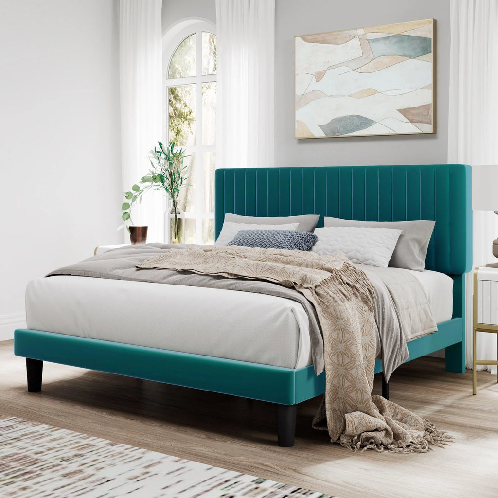 Pink Queen Size Upholstered Platform Bed Frame with Velvet Headboard Z50761
