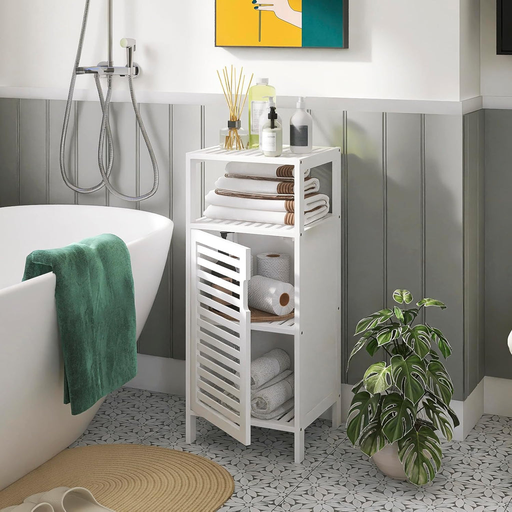 White Freestanding Bamboo Floor Cabinet with Adjustable Shelves and 4 Hooks L943024