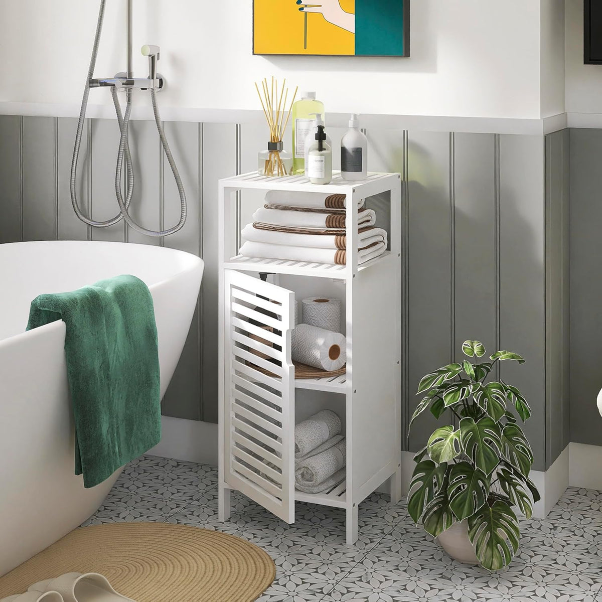 White Freestanding Bamboo Floor Cabinet with Adjustable Shelves and 4 Hooks L943024