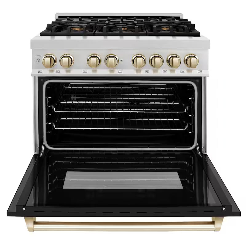 6-Burner Dual Fuel Range with Black Matte Door in Stainless Steel and Polished Gold T3541