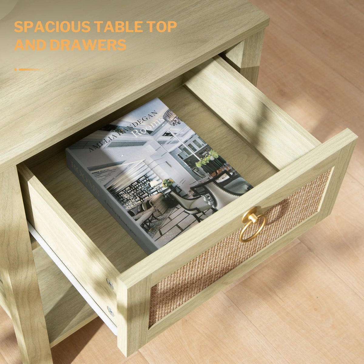 White Nightstand Set of 2 with Rattan Drawer and Open Storage Shelf J8894
