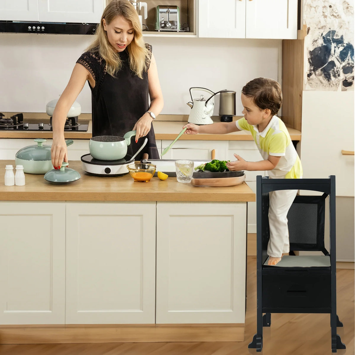 Wooden Folding Toddler Kitchen Step Stool, Black P8614