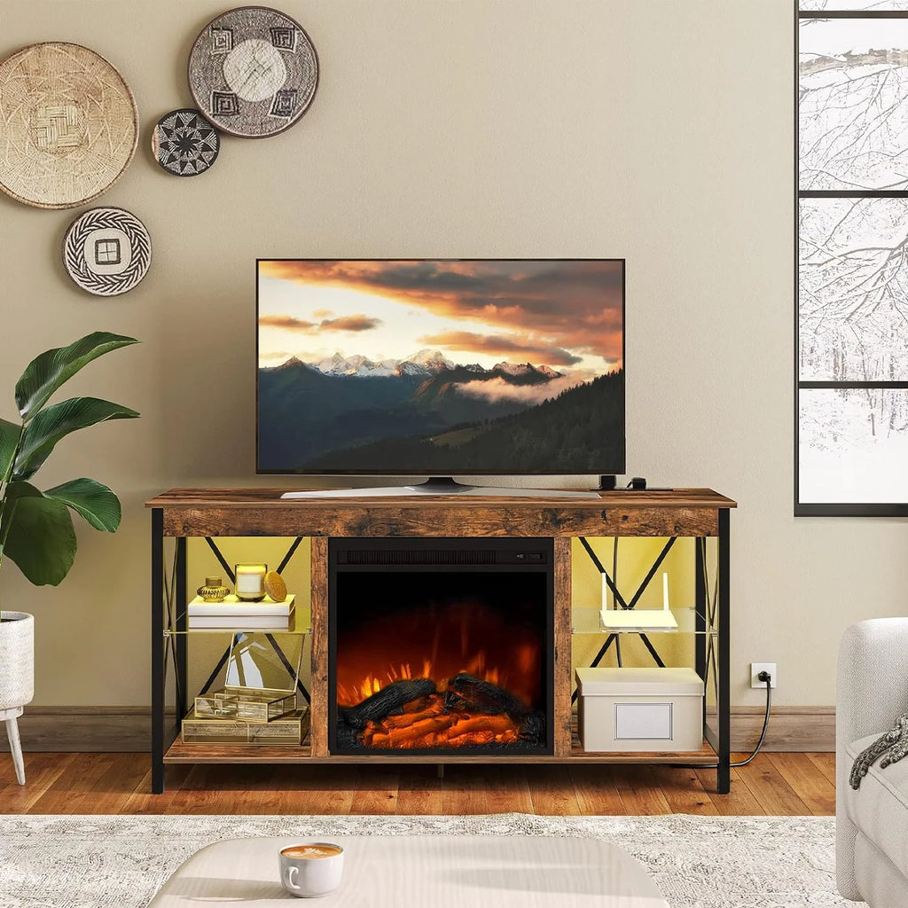 Rustic Brown Fireplace TV Stand with Led Lights and Power Outlets X613