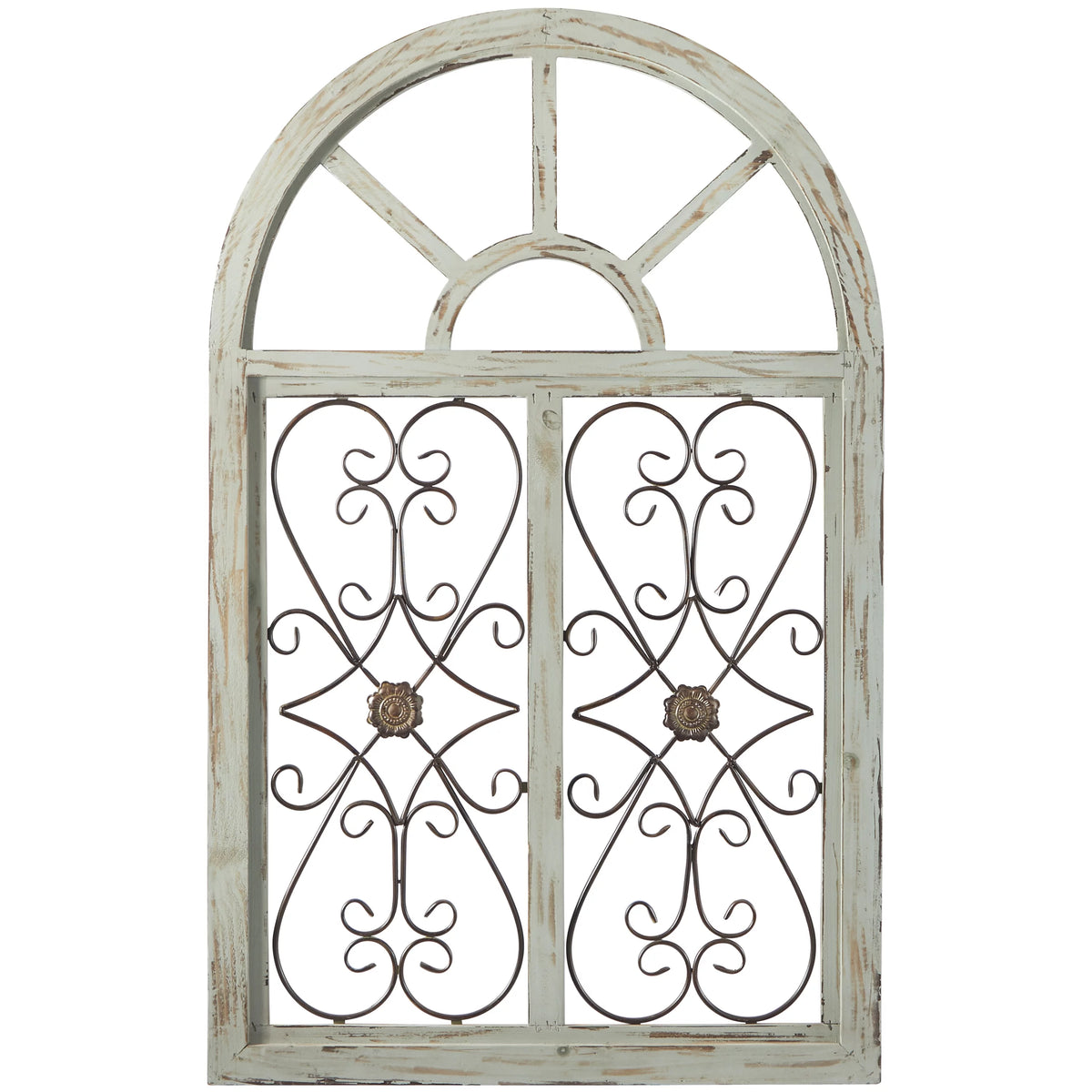 White Wood Arched Window Wall Decor with Metal Scrollwork I7228