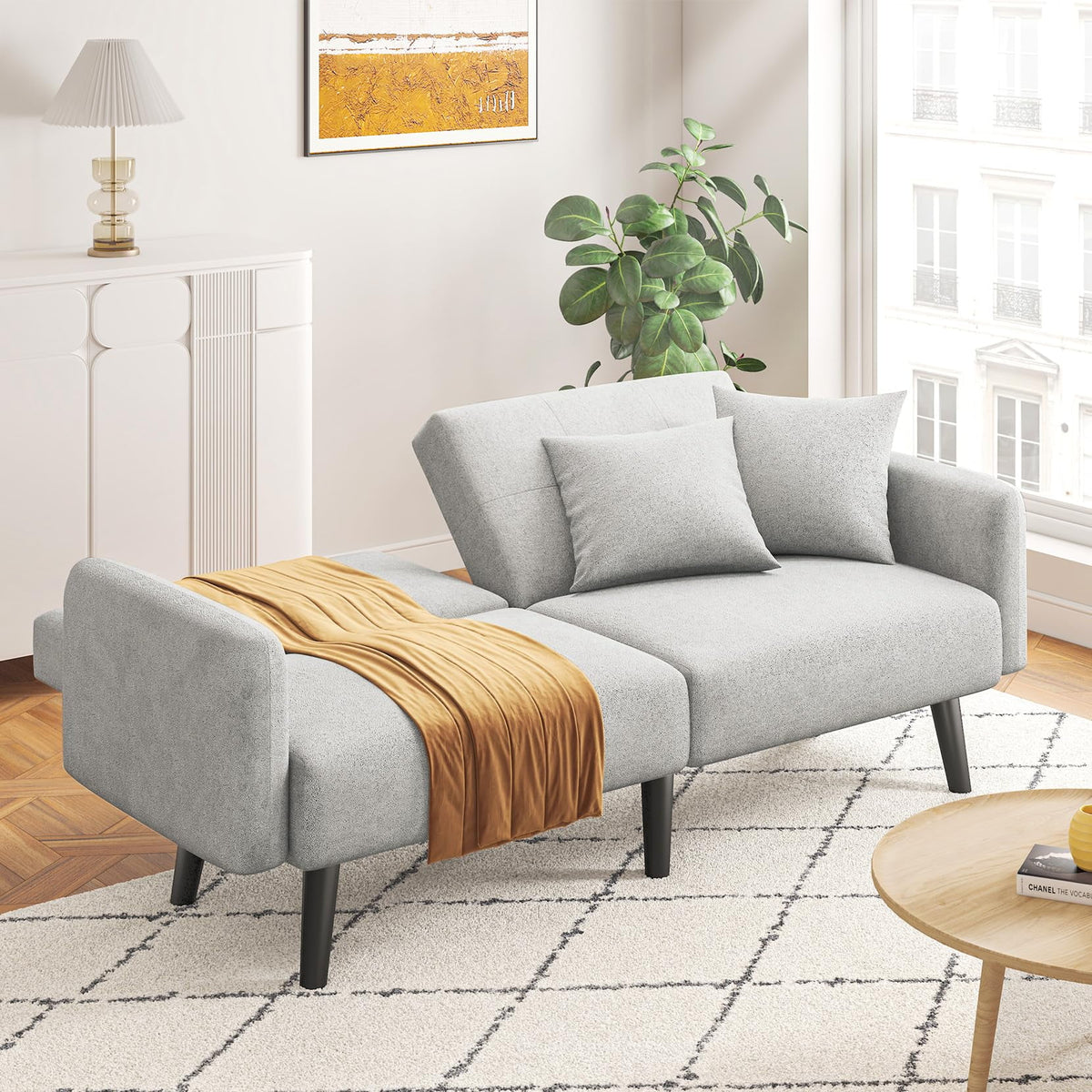 Light Grey Convertible Futon Sofa Bed with 2 Pillows N4551