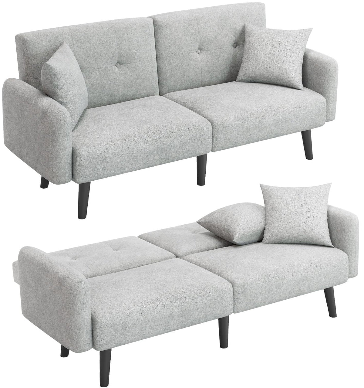 Light Grey Convertible Futon Sofa Bed with 2 Pillows N4551