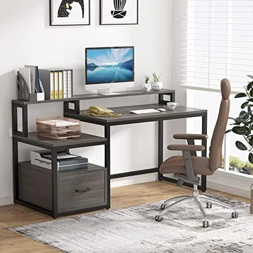 60 inch Grey Computer Desk with File Drawer and Shelves A621