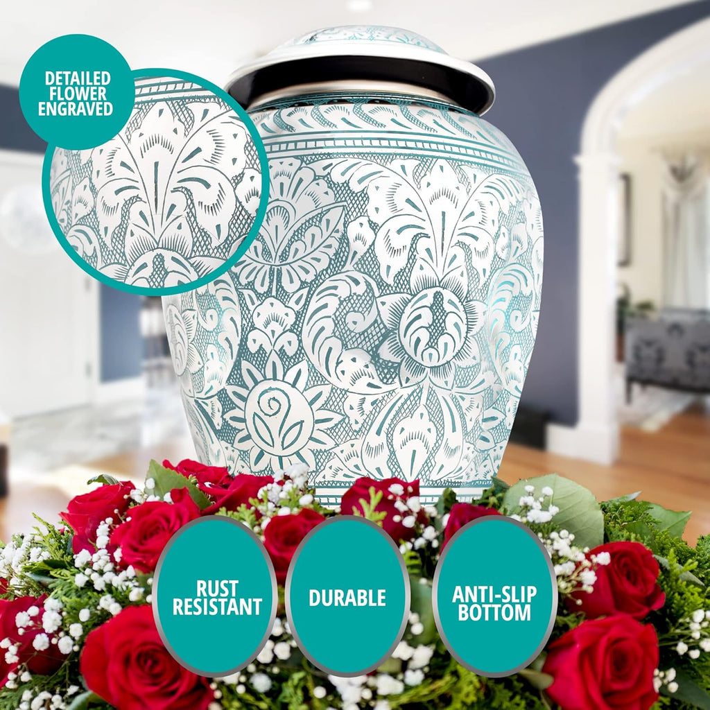 Silver-Blue Classical Brass Large Cremation Urn with Velvet Bag U33647