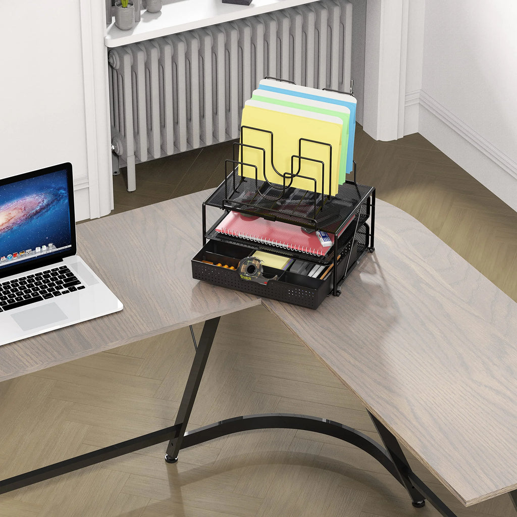 Black Mesh Desk Organizer with Double Tray and Sliding Drawer V5499