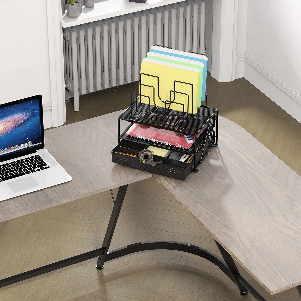 Black Mesh Desk Organizer with Double Tray and Sliding Drawer V5499