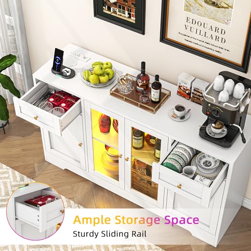 55'' Wood Coffee Bar Cabinet with 4 Doors and Charging Station W3423
