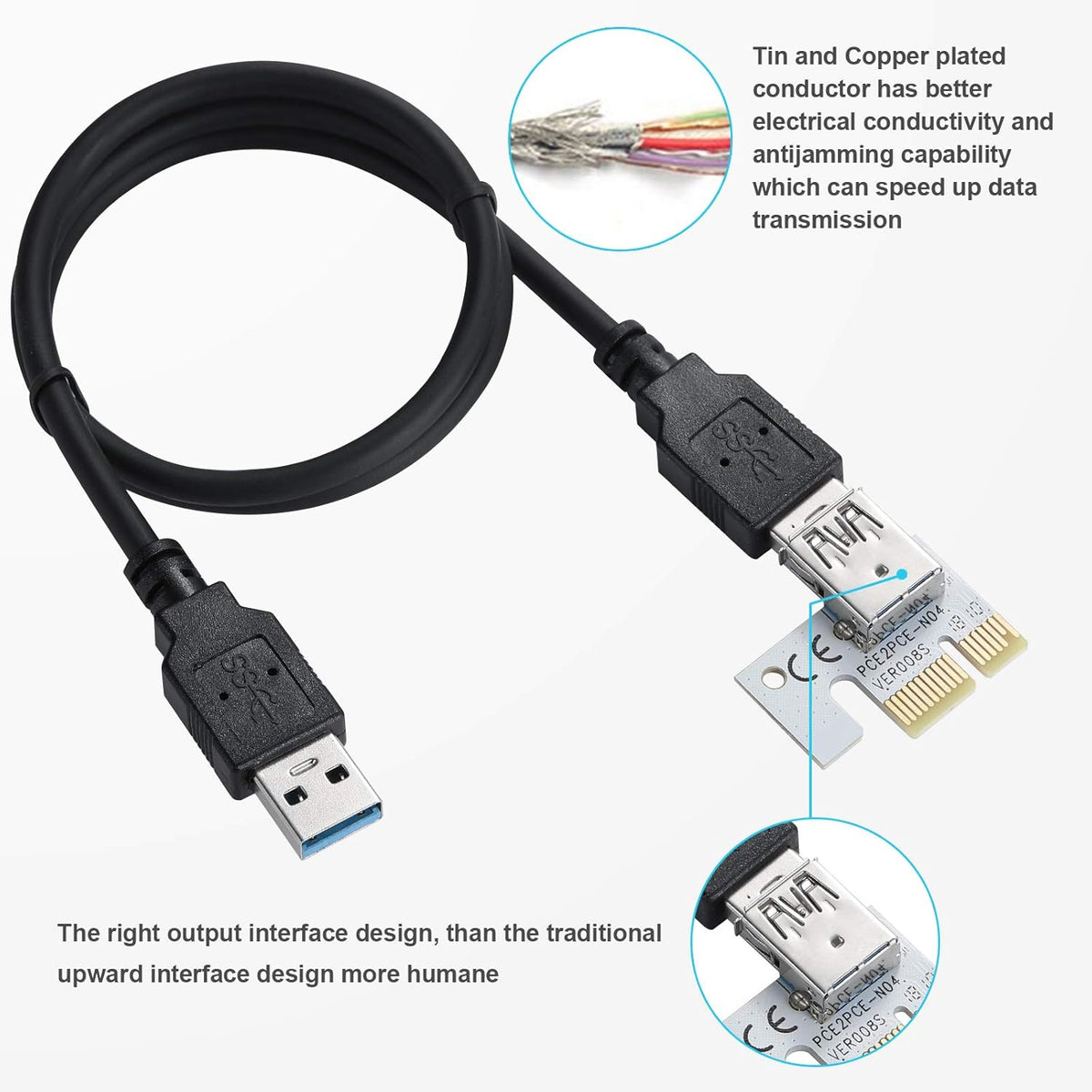 PCI-E 1X to 16X Riser Card with 24in USB 3.0 Extension Cable M8711