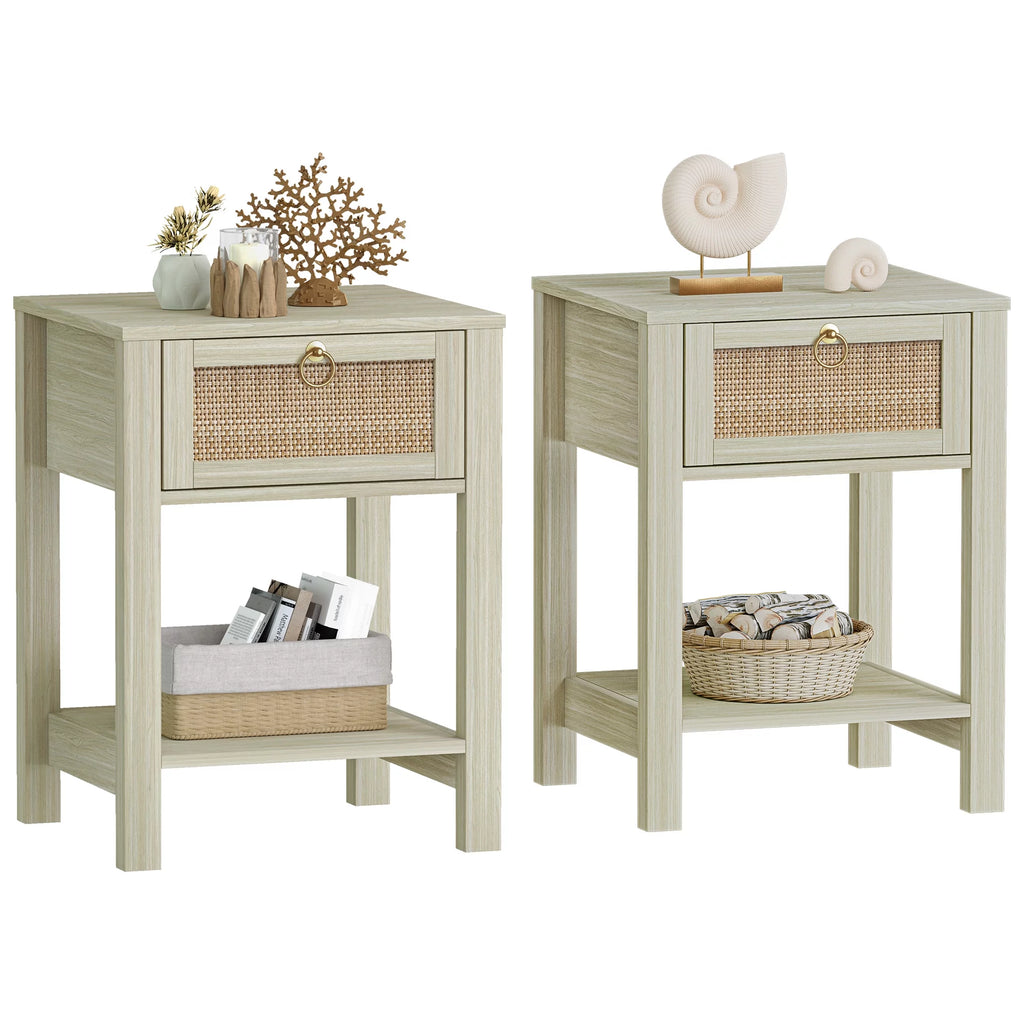 White Nightstand Set of 2 with Rattan Drawer and Open Storage Shelf J8894