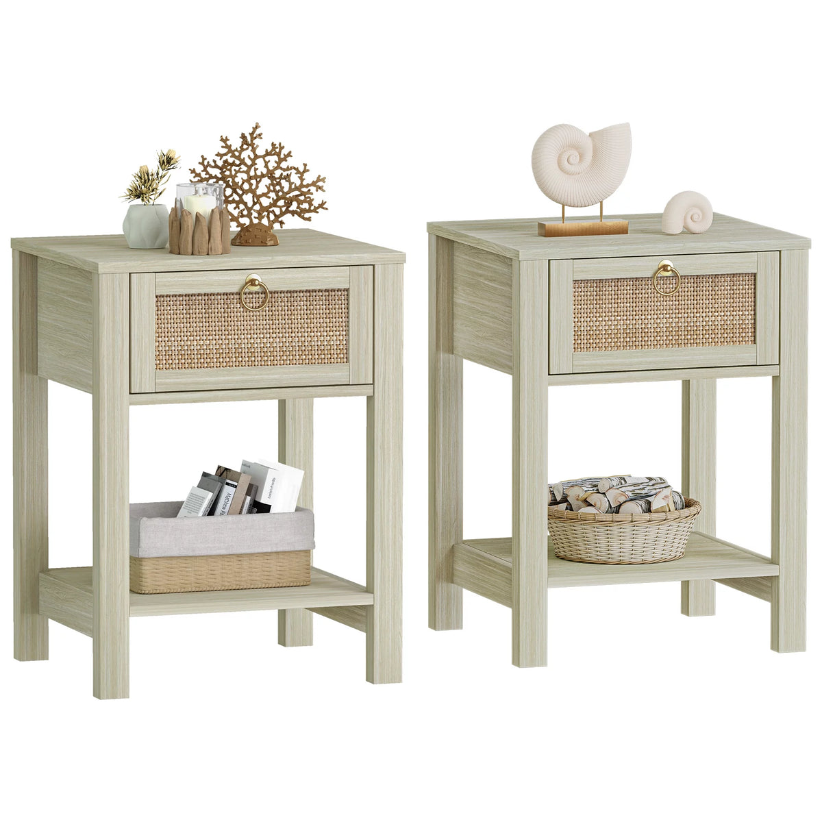 White Nightstand Set of 2 with Rattan Drawer and Open Storage Shelf J8894