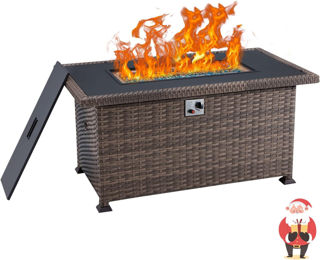 Propane Fire Pit Table 44in 50000BTU Auto-Ignition Smokeless with Cover and Blue Fire Glass Black N995