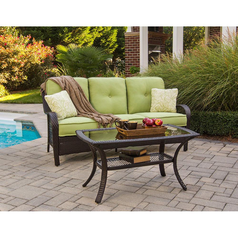2-Piece Steel Outdoor Patio Deep Seating Set with Brown Wicker, Sofa, Avocado Green Cushions, 2 Pillows and Glass Top Rectangular Coffee Table V637
