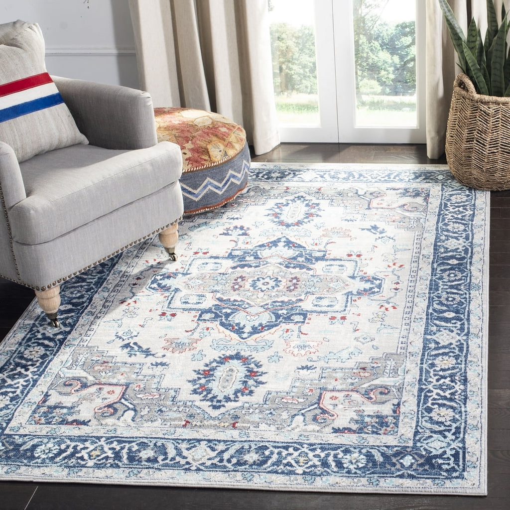 Light Grey Blue Floral Bordered Area Rug G4917
