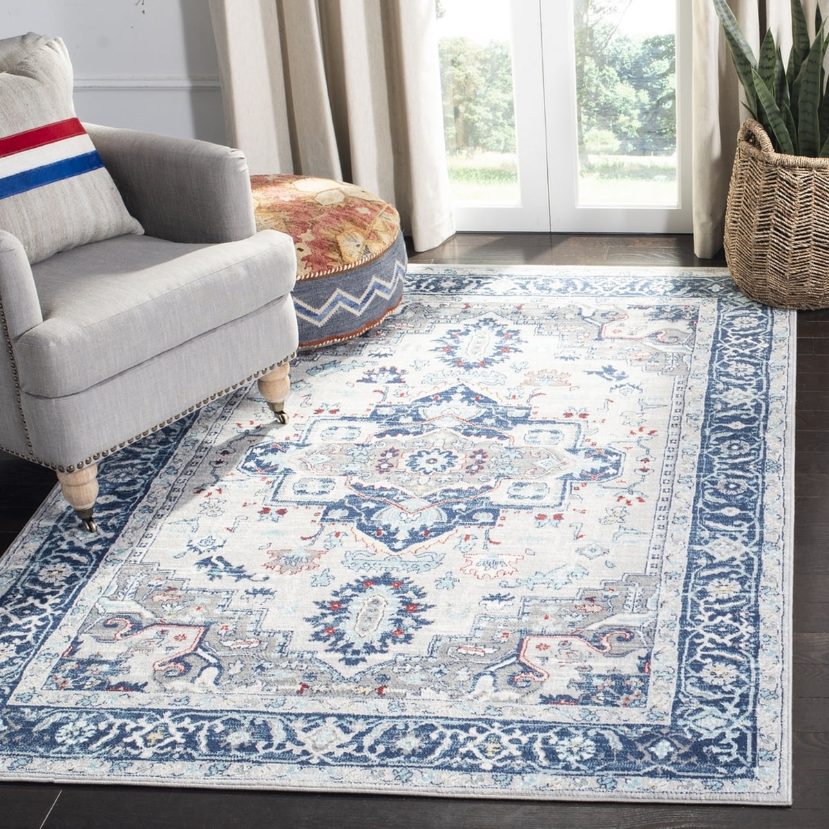 Light Grey Blue Floral Bordered Area Rug G4917