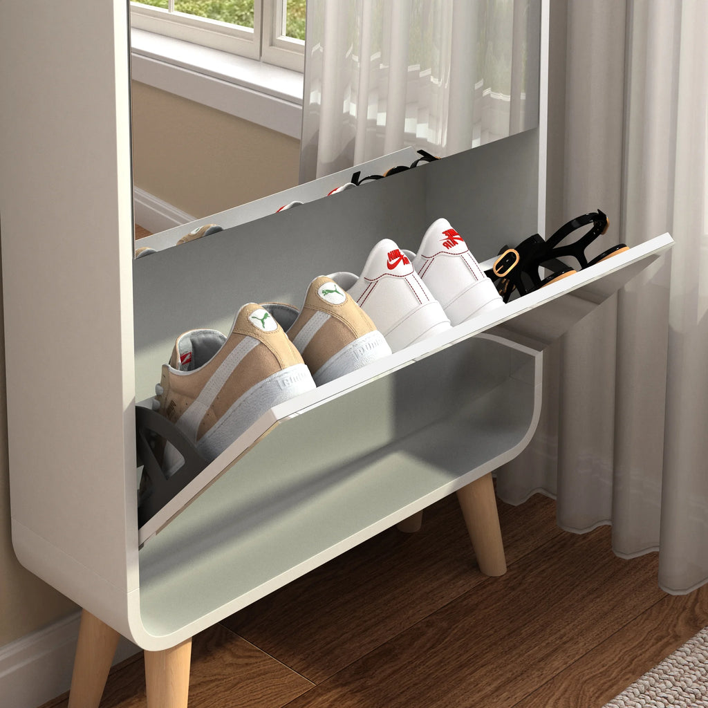 White 4 Flip Drawers Wood Shoe Cabinet with Mirror E31236